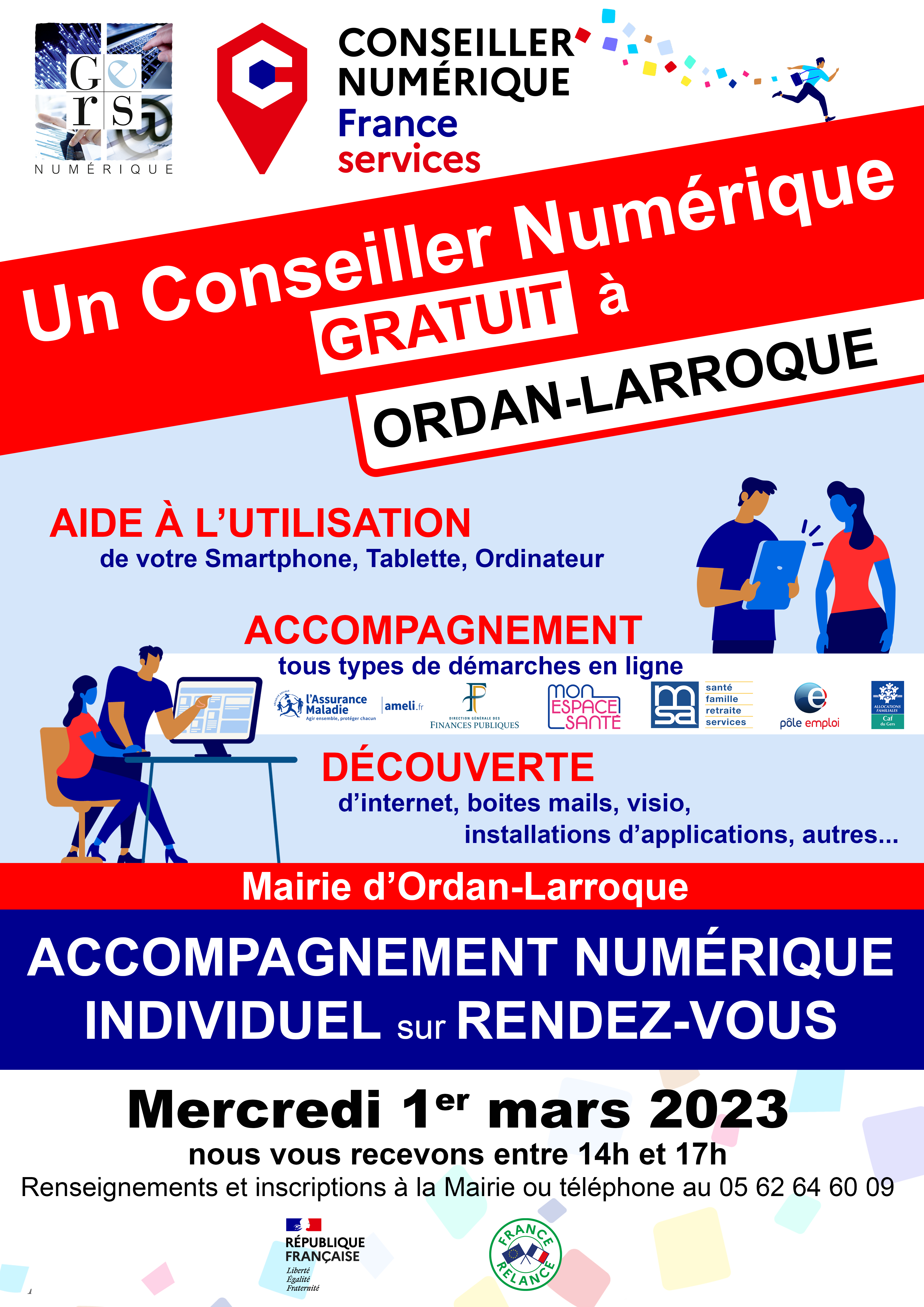 Affiche PNG – Un conseiller numérique GRATUIT à Ordan-Larroque – Mercredi 1er mars 2023 de 14h à 17h