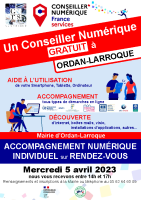 Affiche PDF – Un conseiller numérique GRATUIT à Ordan-Larroque – Mercredi 5 avril 2023 de 14h à 17h